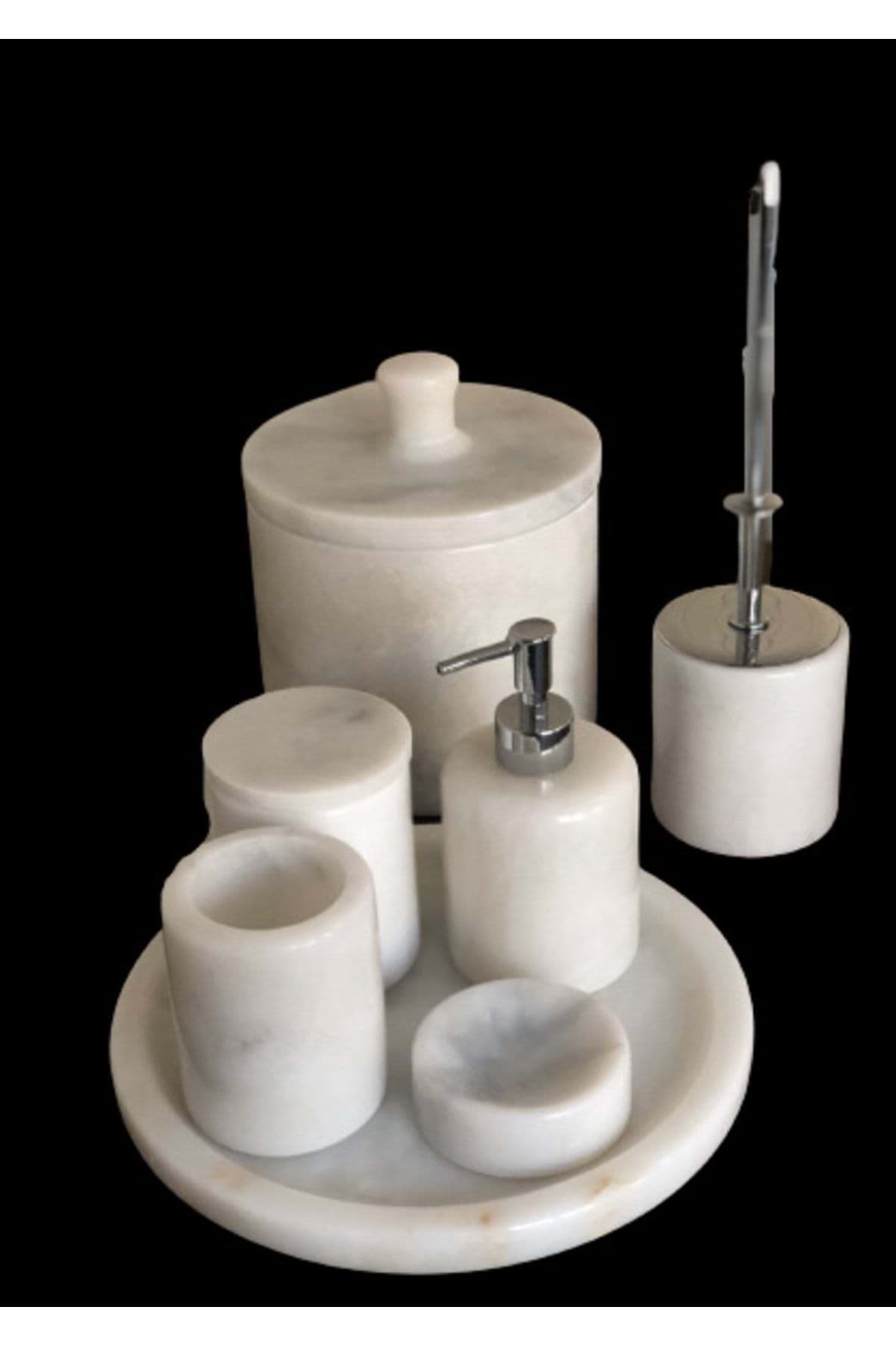 Dekoratif Beyaz Mermer Gümüş Detaylı 7 Li Banyo Seti Takımı resmi