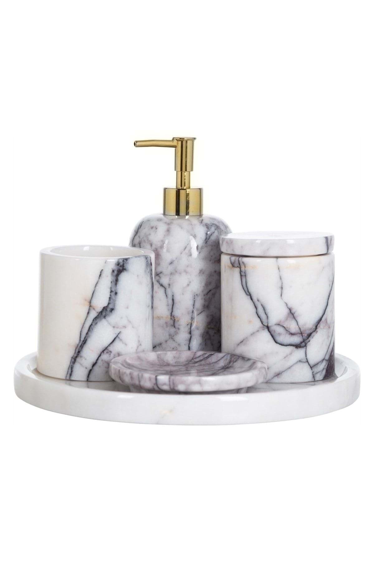 Dekoratif Leylak Mermer Gold Detaylı 5 Li Banyo Seti Takımı resmi