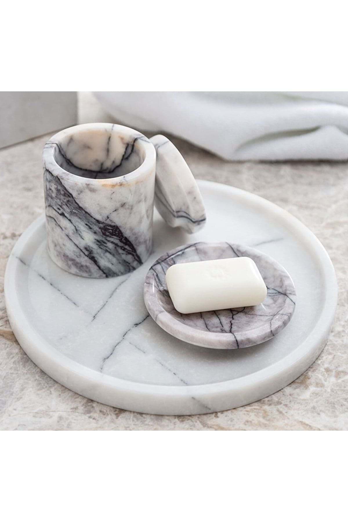 Dekoratif Leylak Mermer Gold Detaylı 5 Li Banyo Seti Takımı resmi