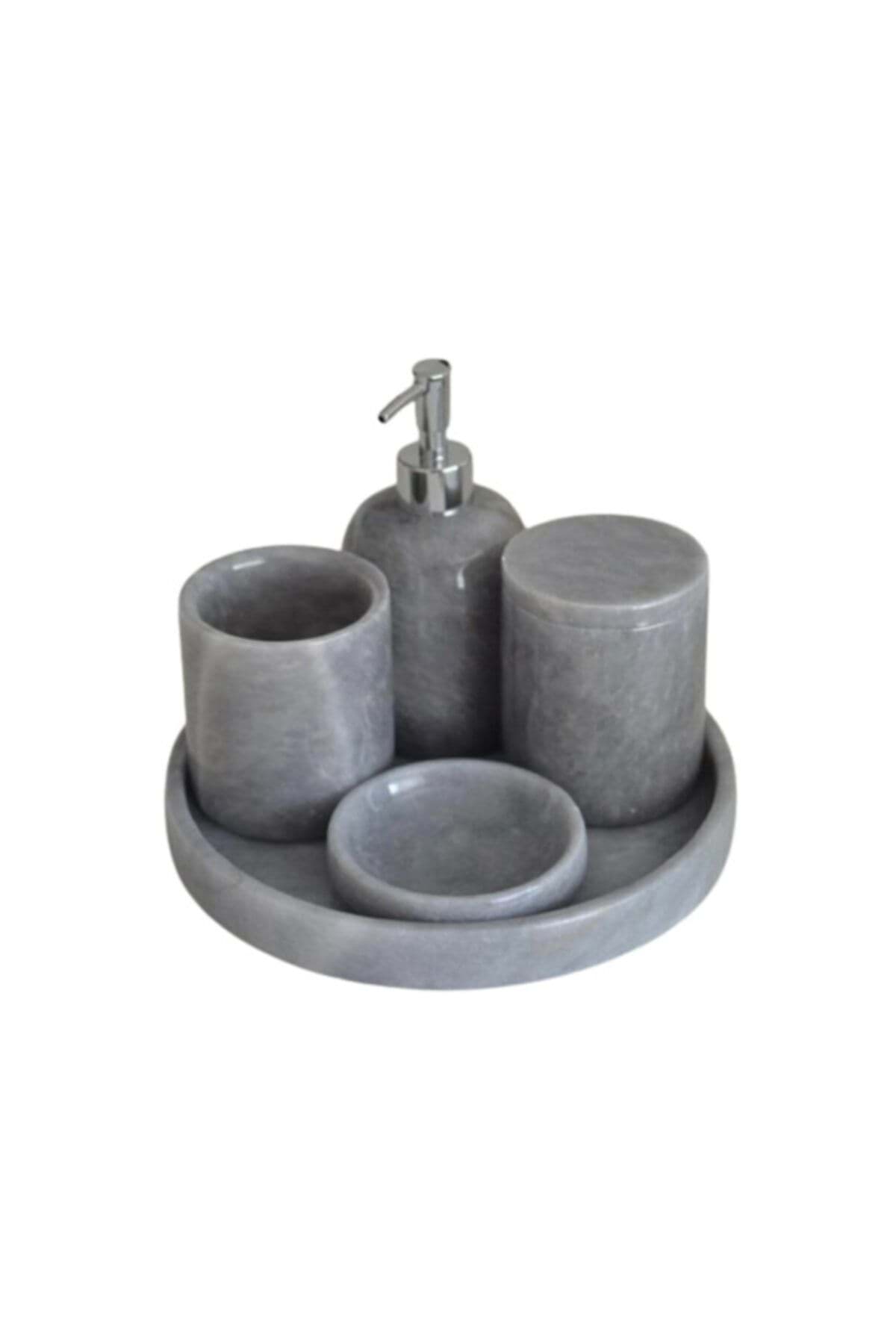 Dekoratif Gri Mermer Gümüş Detaylı 5 Li Banyo Seti Takımı resmi