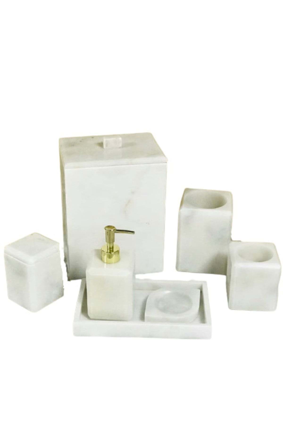 Dekoratif Beyaz Mermer Düz Kare Gold Detaylı 7 Li Banyo Seti Takımı resmi