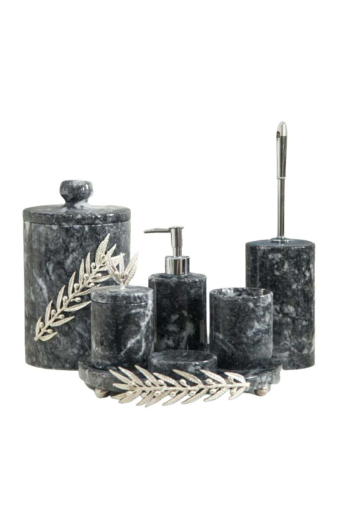 Dekoratif Gri Mermer Gümüş Zeytin Dalı Detaylı 7 Li Banyo Seti Takımı resmi