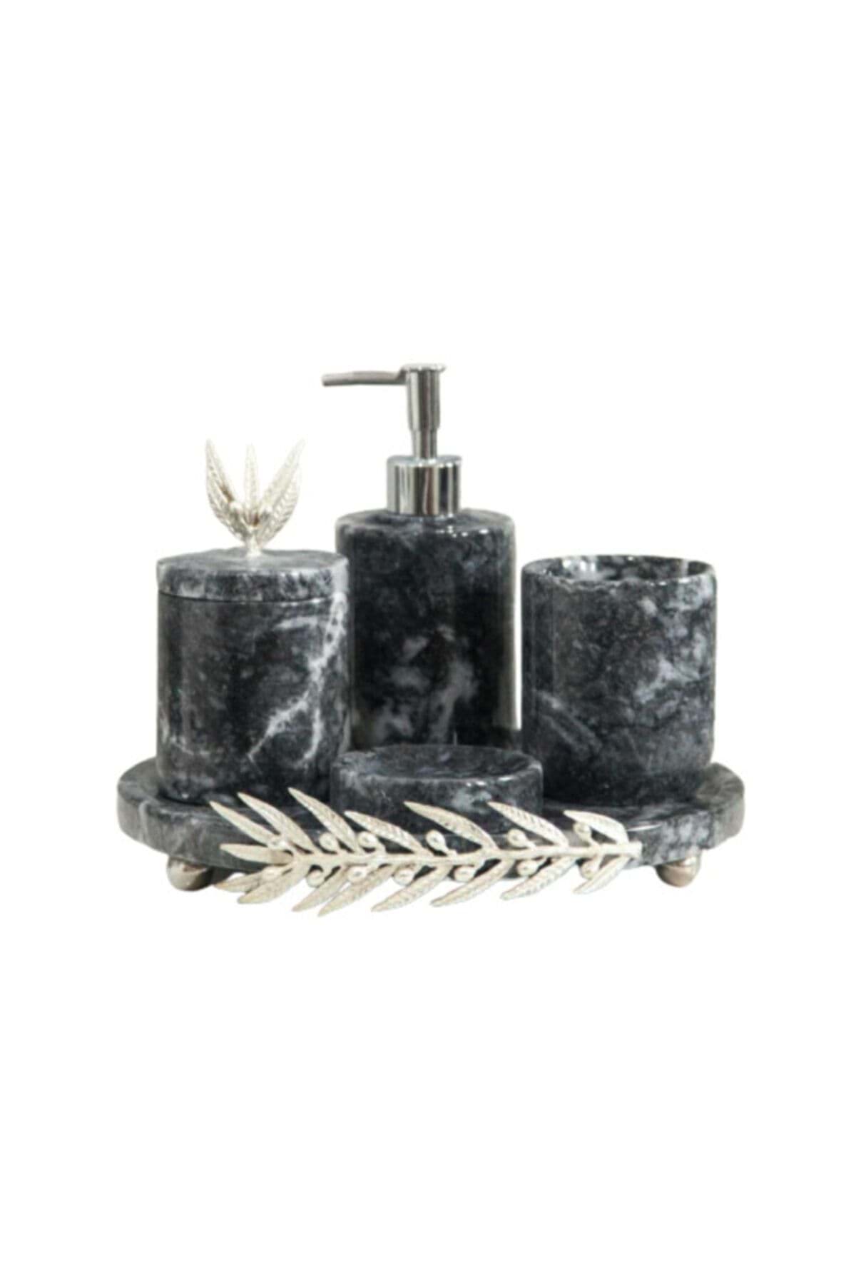 Dekoratif Gri Mermer Gümüş Zeytin Dalı Detaylı 7 Li Banyo Seti Takımı resmi