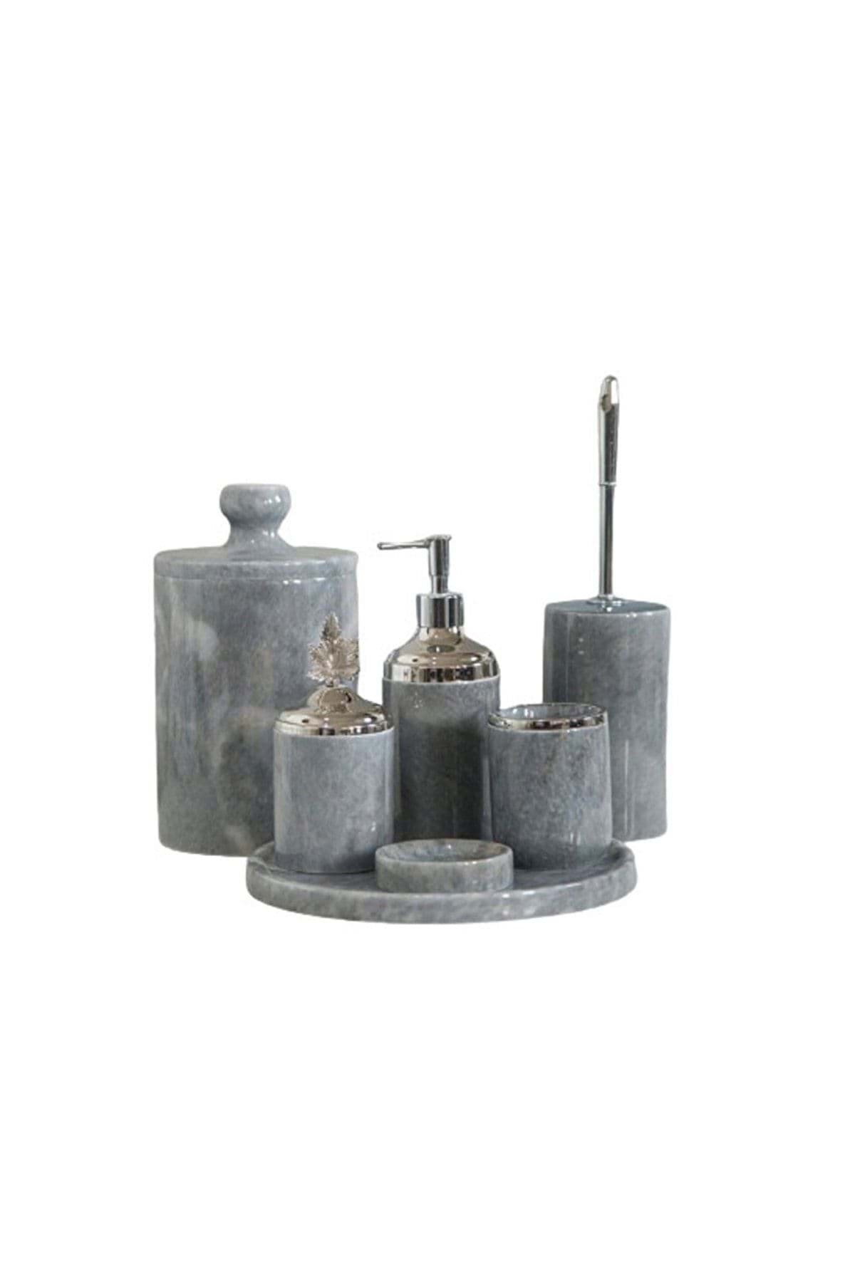 Dekoratif Gri Mermer Gümüş Yaprak Detaylı 7 Li Banyo Seti Takımı resmi
