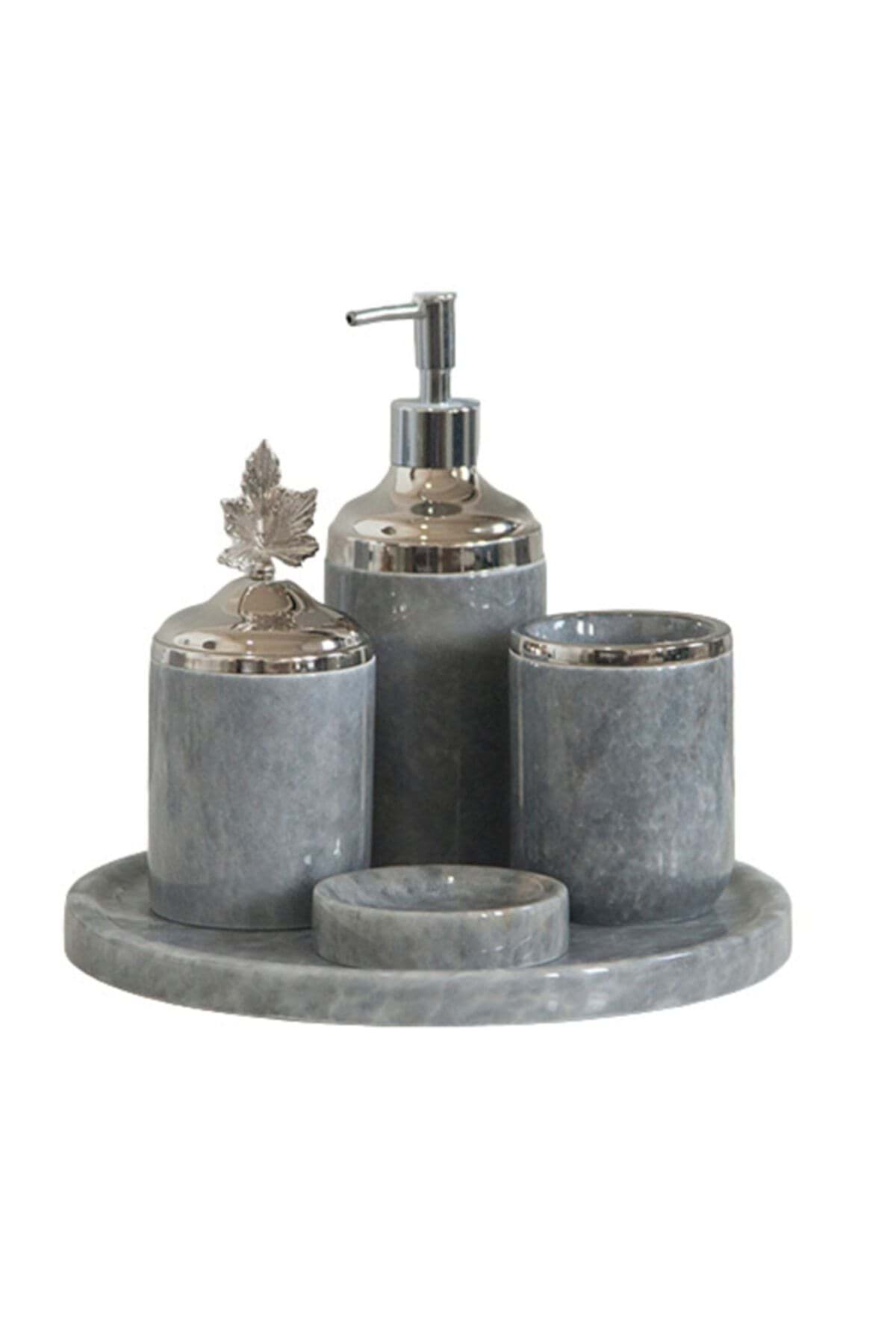 Dekoratif Gri Mermer Gümüş Yaprak Detaylı 5 Li Banyo Seti Takımı resmi