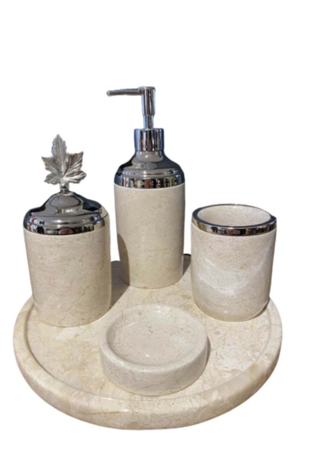 Dekoratif Bej Mermer Gümüş Yaprak Detaylı 5 Li Banyo Seti Takımı resmi