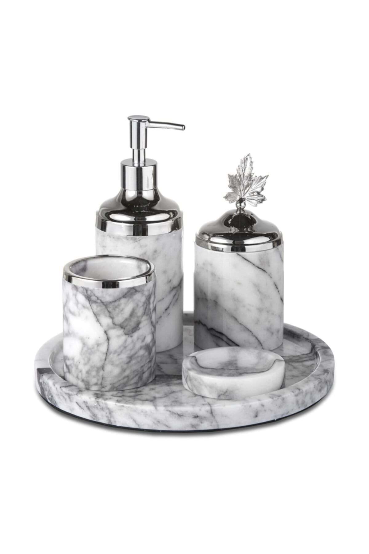 Dekoratif Leylak Mermer Gümüş Yaprak Detaylı 5 Li Banyo Seti Takımı resmi