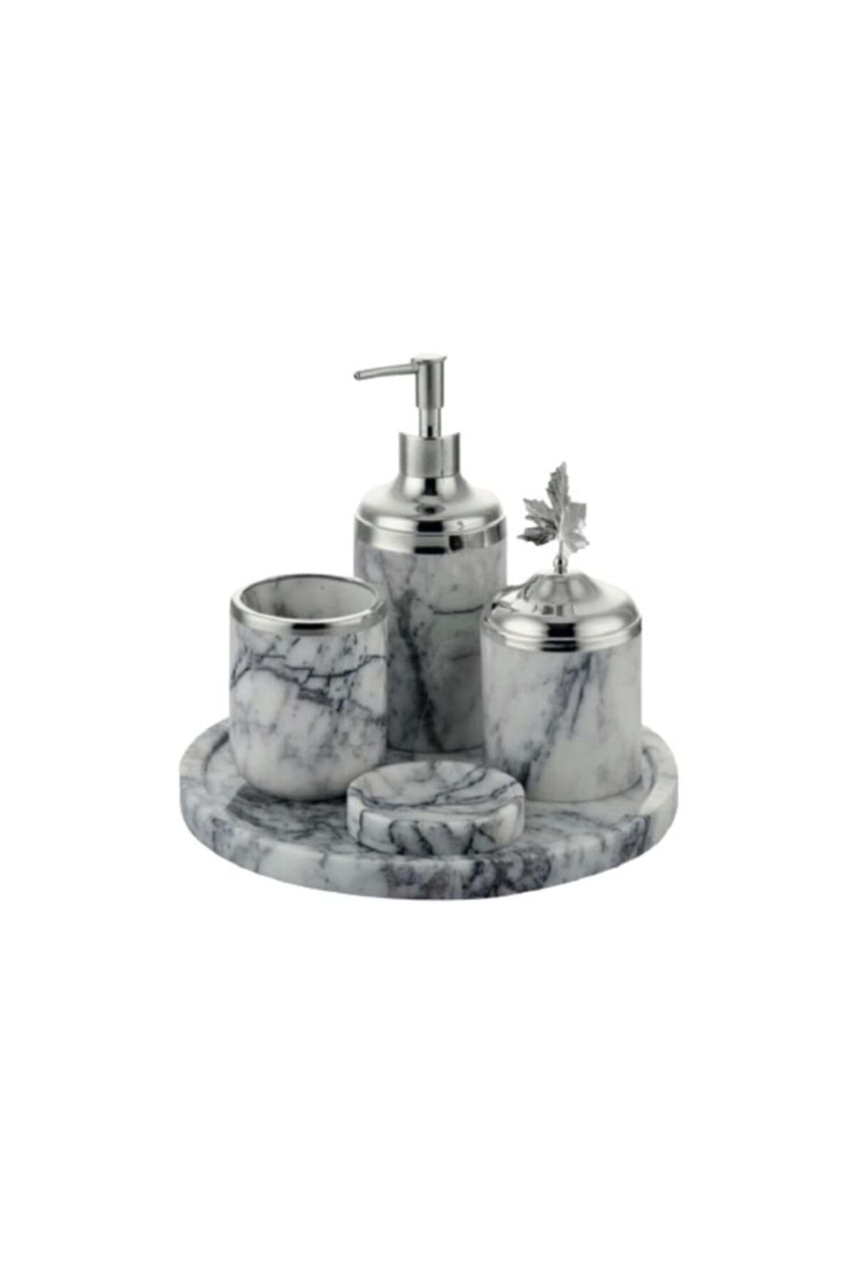 Dekoratif Leylak Mermer Gümüş Yaprak Detaylı 5 Li Banyo Seti Takımı resmi