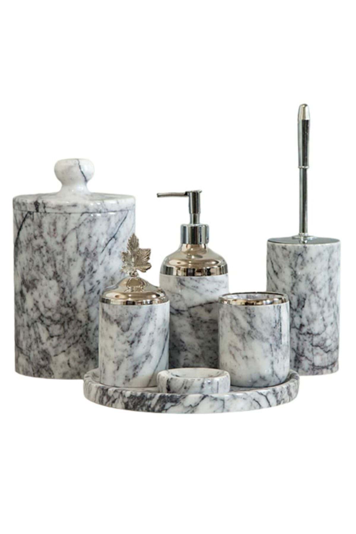 Dekoratif Leylak Mermer Gümüş Yaprak Detaylı 7 Li Banyo Seti Takımı resmi