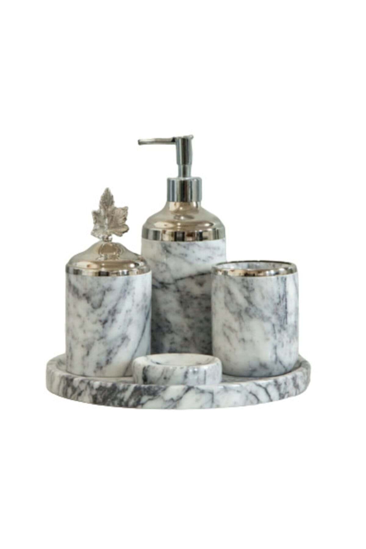 Dekoratif Leylak Mermer Gümüş Yaprak Detaylı 7 Li Banyo Seti Takımı resmi