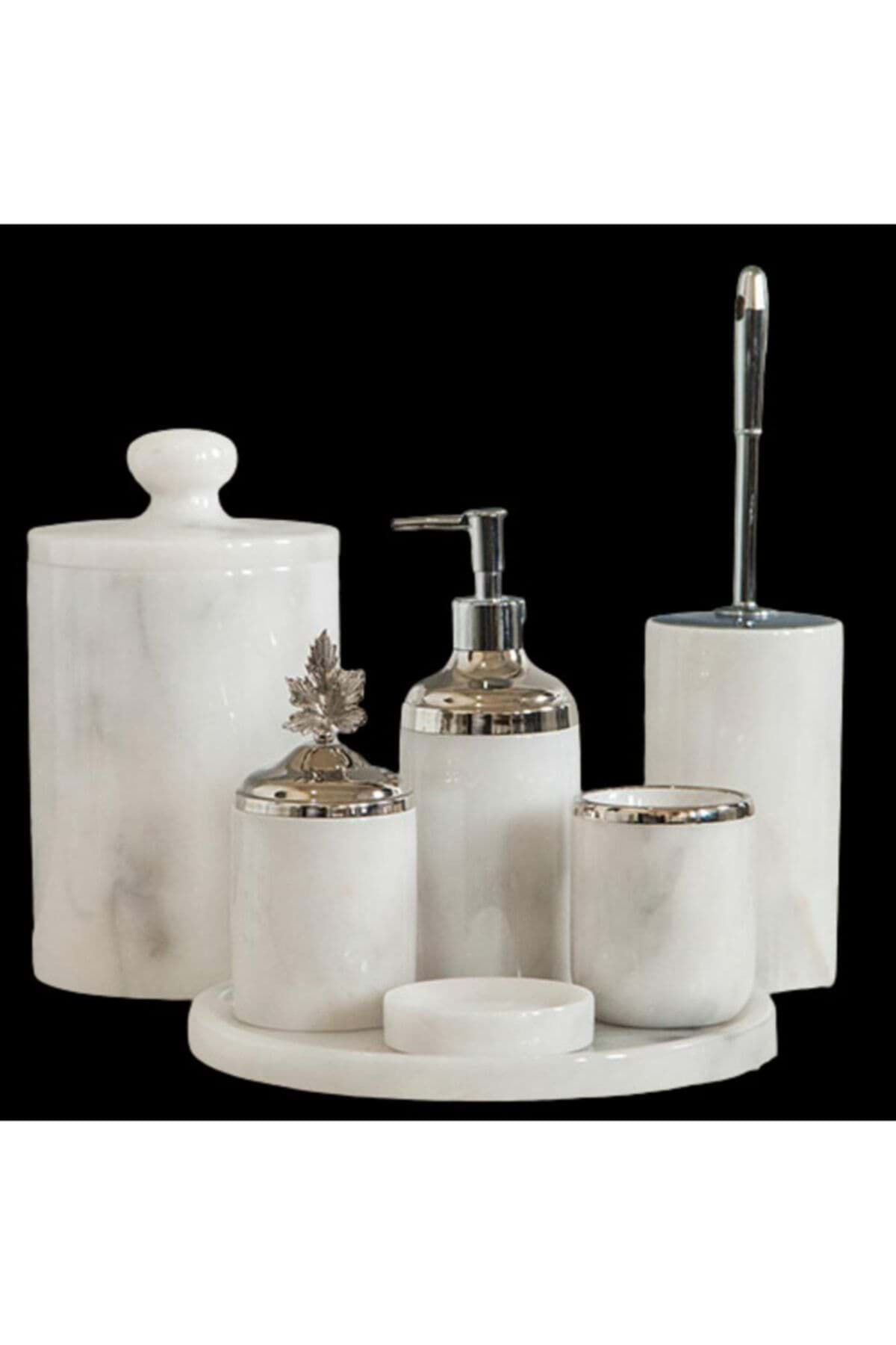 Dekoratif Beyaz Mermer Gümüş Yaprak Detaylı 7 Li Banyo Seti Takımı resmi