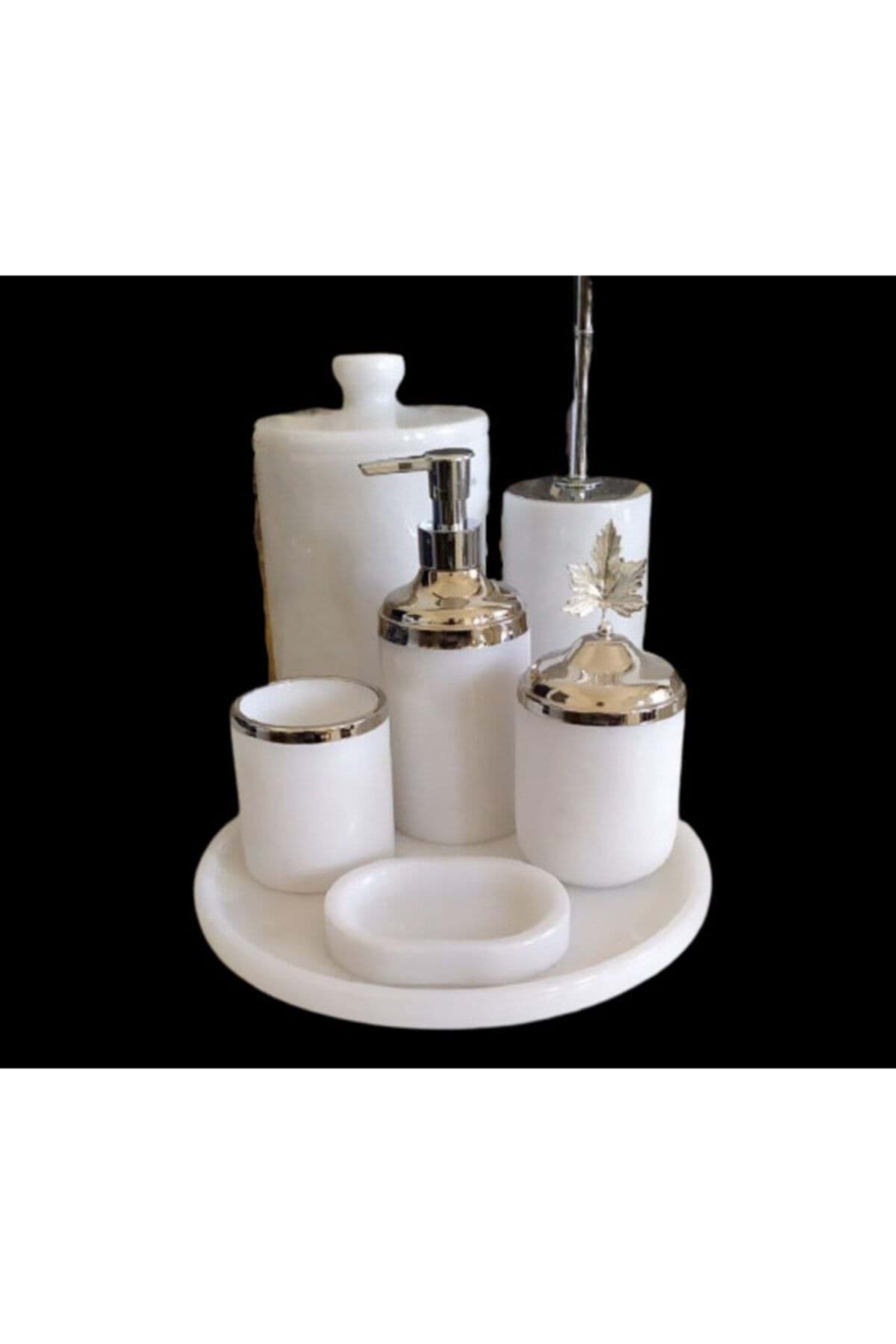 Dekoratif Beyaz Mermer Gümüş Yaprak Detaylı 7 Li Banyo Seti Takımı resmi
