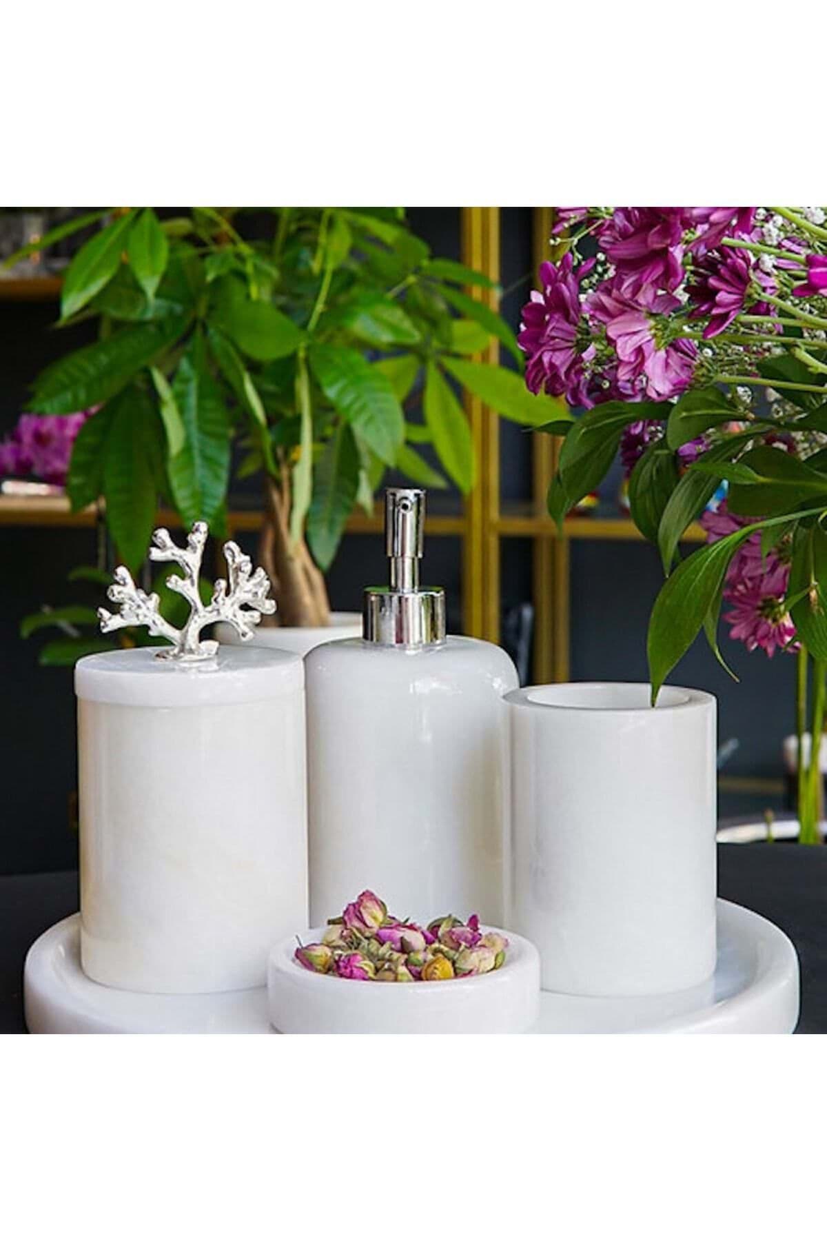 Dekoratif Beyaz Mermer Gümüş Mercan Detaylı 5 Li Banyo Seti Takımı resmi