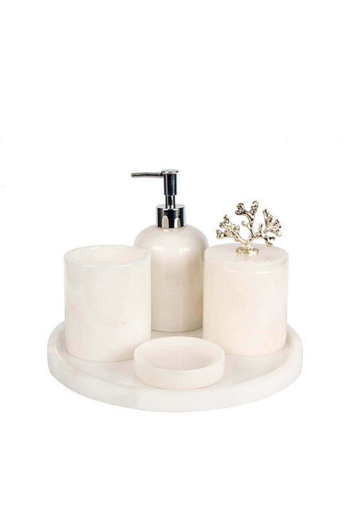 Dekoratif Beyaz Mermer Gümüş Mercan Detaylı 5 Li Banyo Seti Takımı resmi