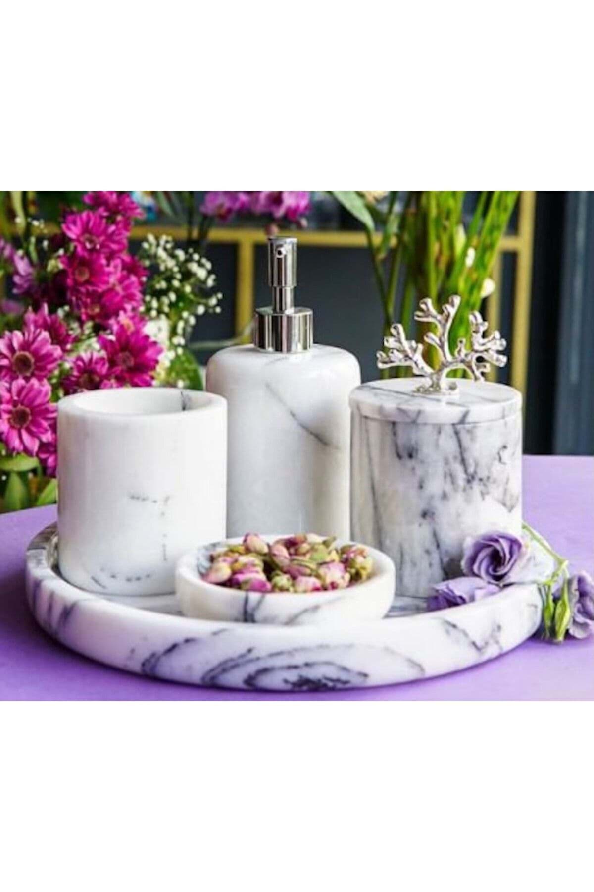 Dekoratif Leylak Mermer Gümüş Mercan Detaylı 5 Li Banyo Seti Takımı resmi