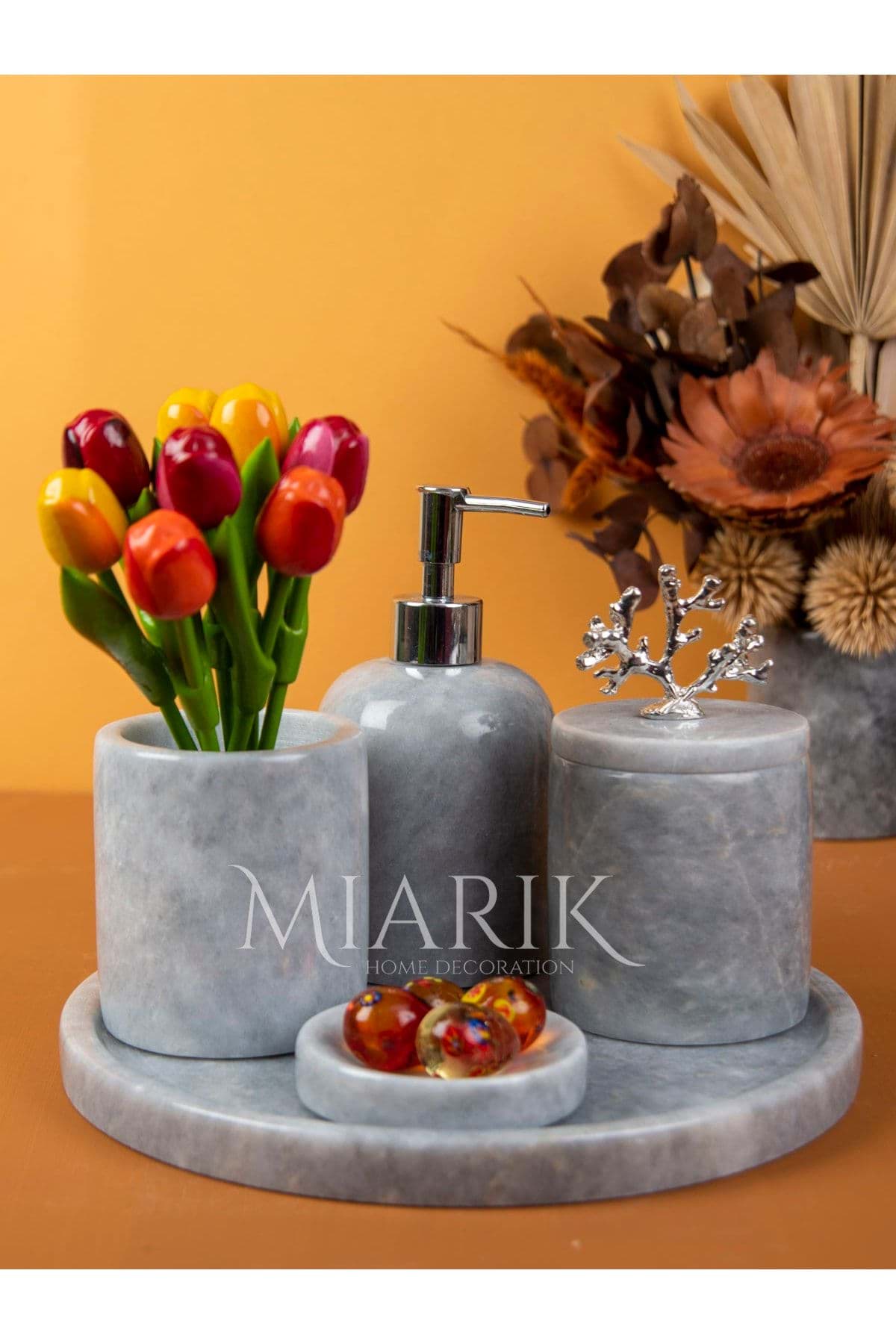 Dekoratif Gri Mermer Gümüş Mercan Detaylı 5 Li Banyo Seti Takımı resmi