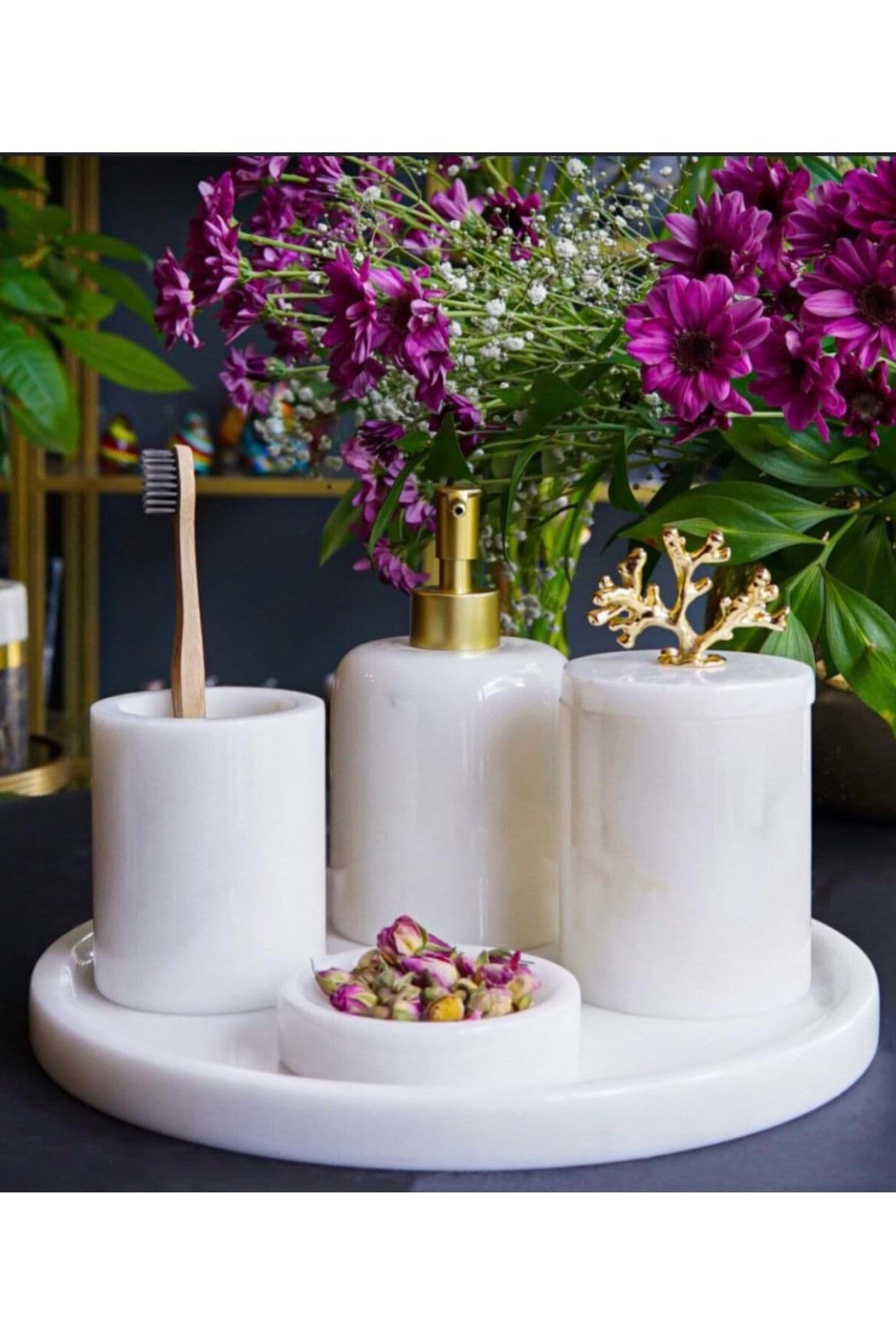 Dekoratif Beyaz Mermer Gold Mercan Detaylı 5 Li Banyo Seti Takımı resmi