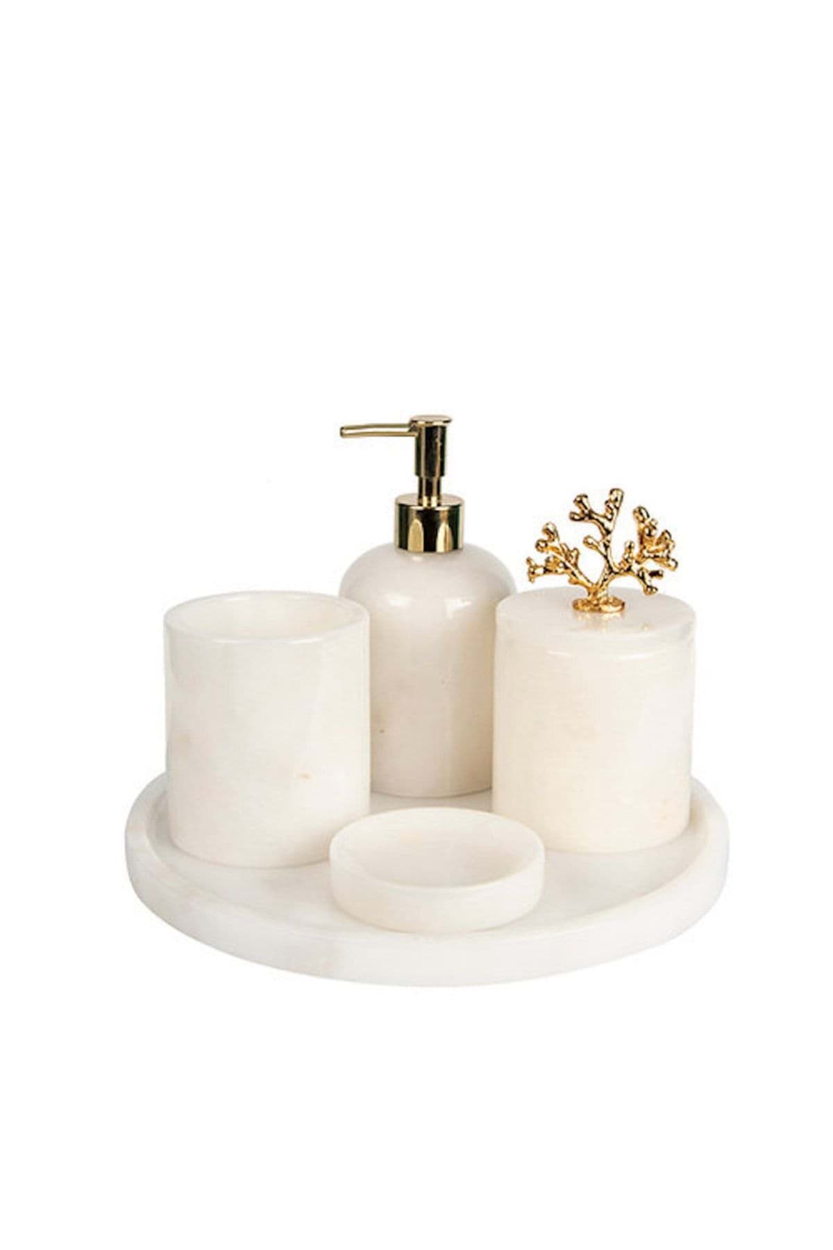 Dekoratif Beyaz Mermer Gold Mercan Detaylı 5 Li Banyo Seti Takımı resmi