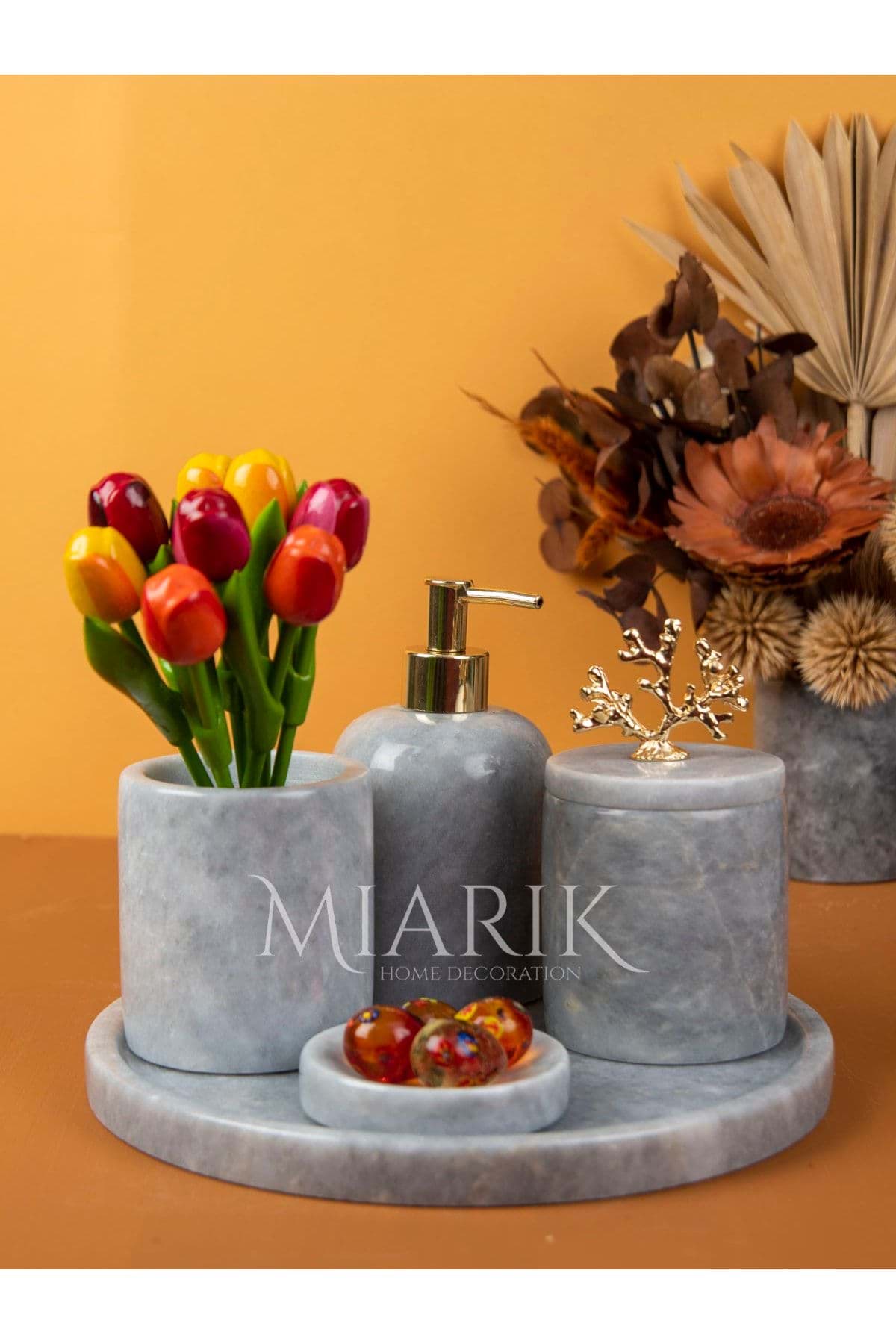 Dekoratif Gri Mermer Gold Mercan Detaylı 5 Li Banyo Seti Takımı resmi