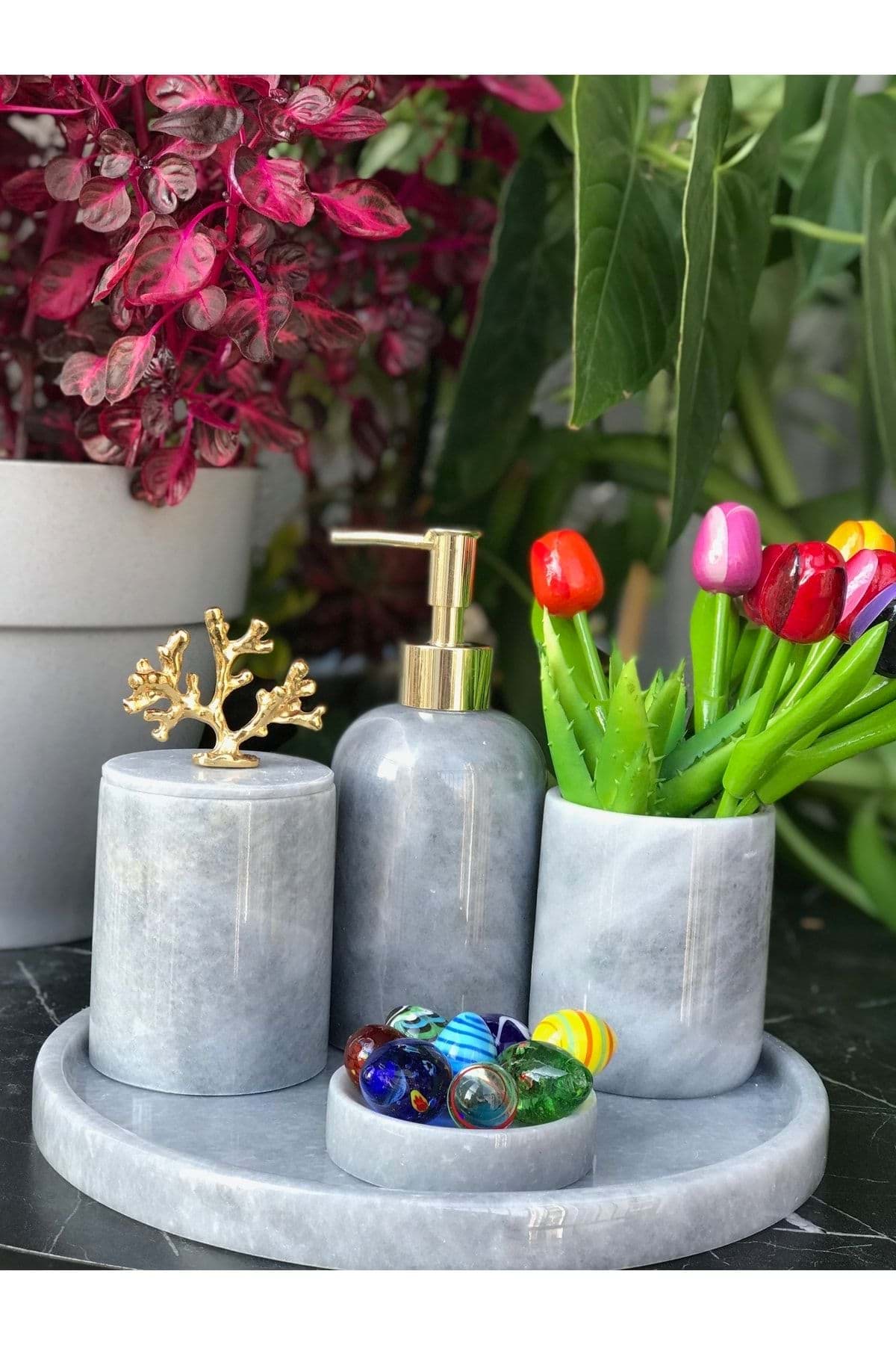 Dekoratif Gri Mermer Gold Mercan Detaylı 5 Li Banyo Seti Takımı resmi