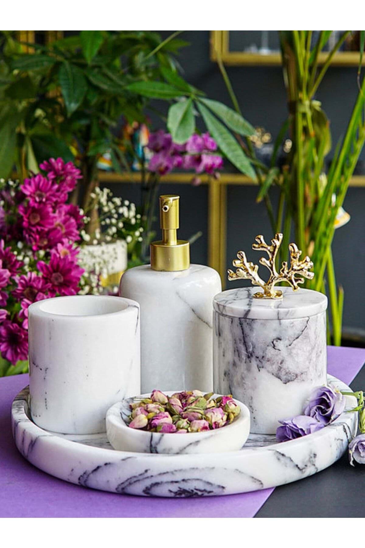 Dekoratif Leylak Mermer Gold Mercan Detaylı 5 Li Banyo Seti Takımı resmi