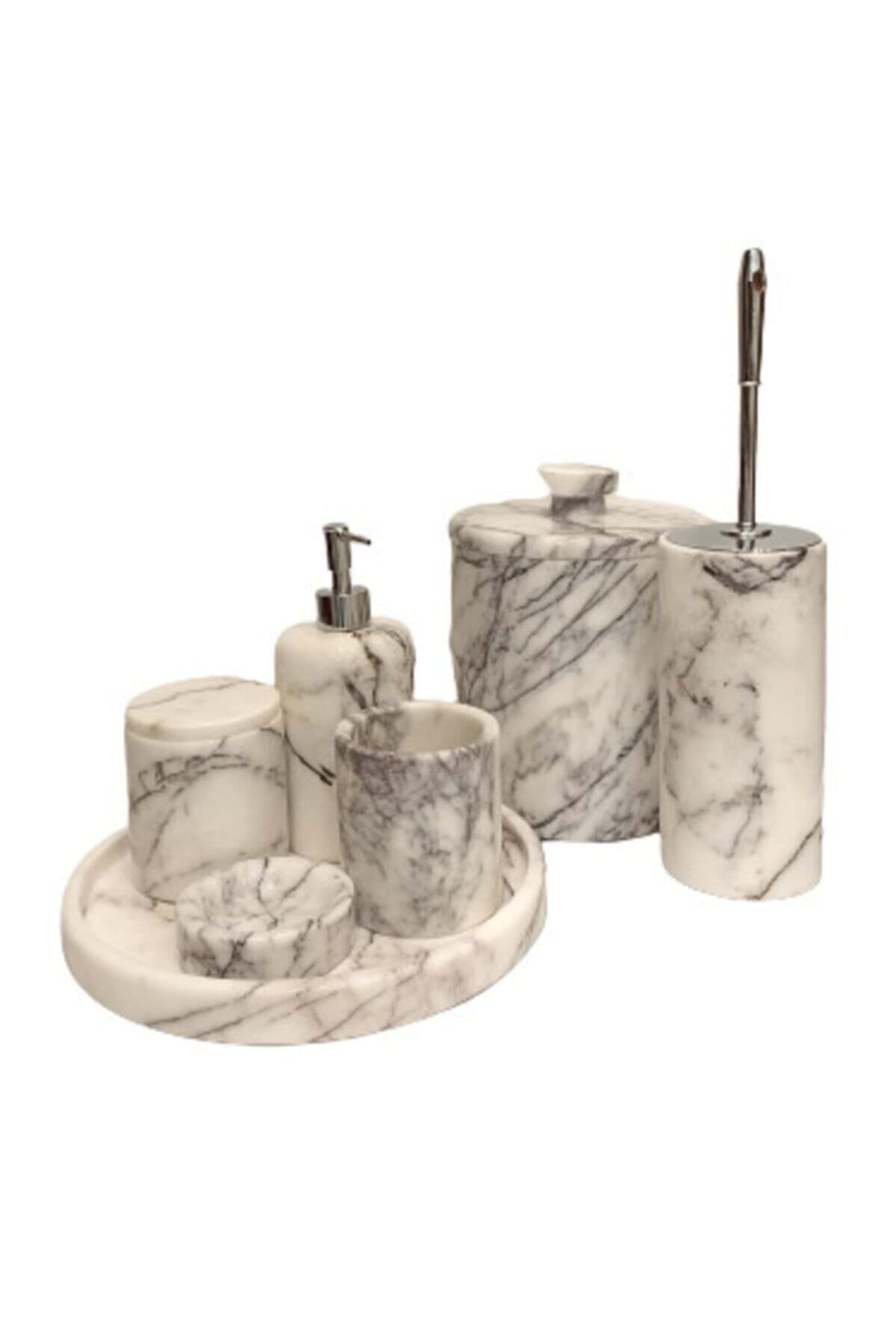 Dekoratif Leylak Beyaz Mermer Gümüş Detaylı 7 Li Banyo Seti Takımı resmi