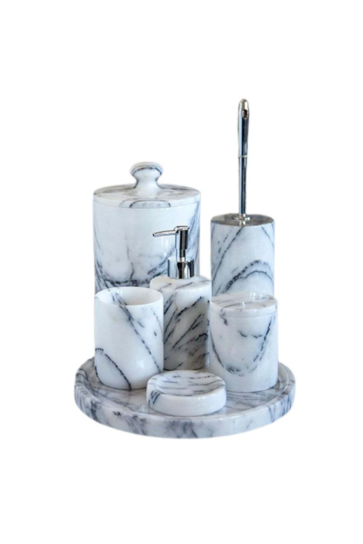 Dekoratif Leylak Beyaz Mermer Gümüş Detaylı 7 Li Banyo Seti Takımı resmi