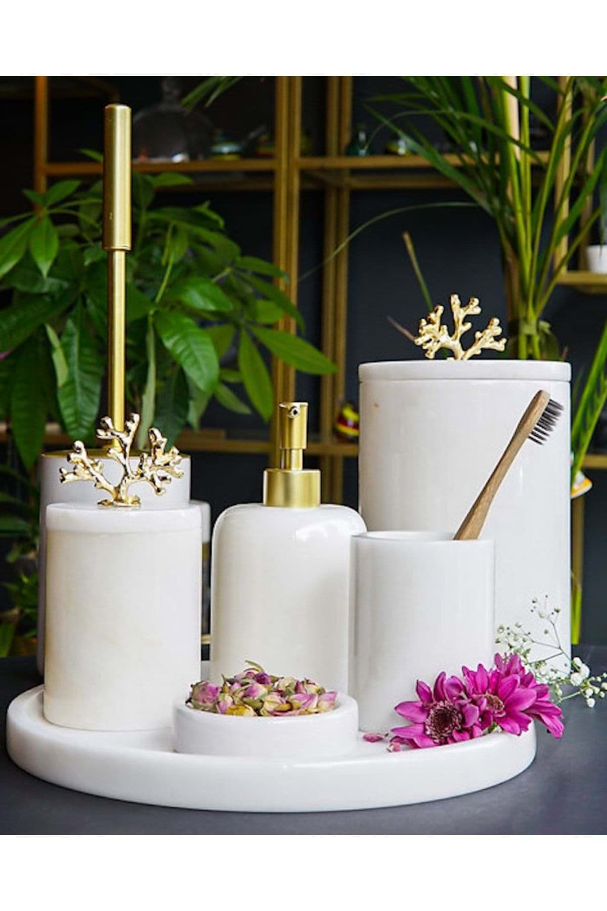 Dekoratif Beyaz Mermer Gold Mercan Detaylı 7 Li Banyo Seti Takımı resmi