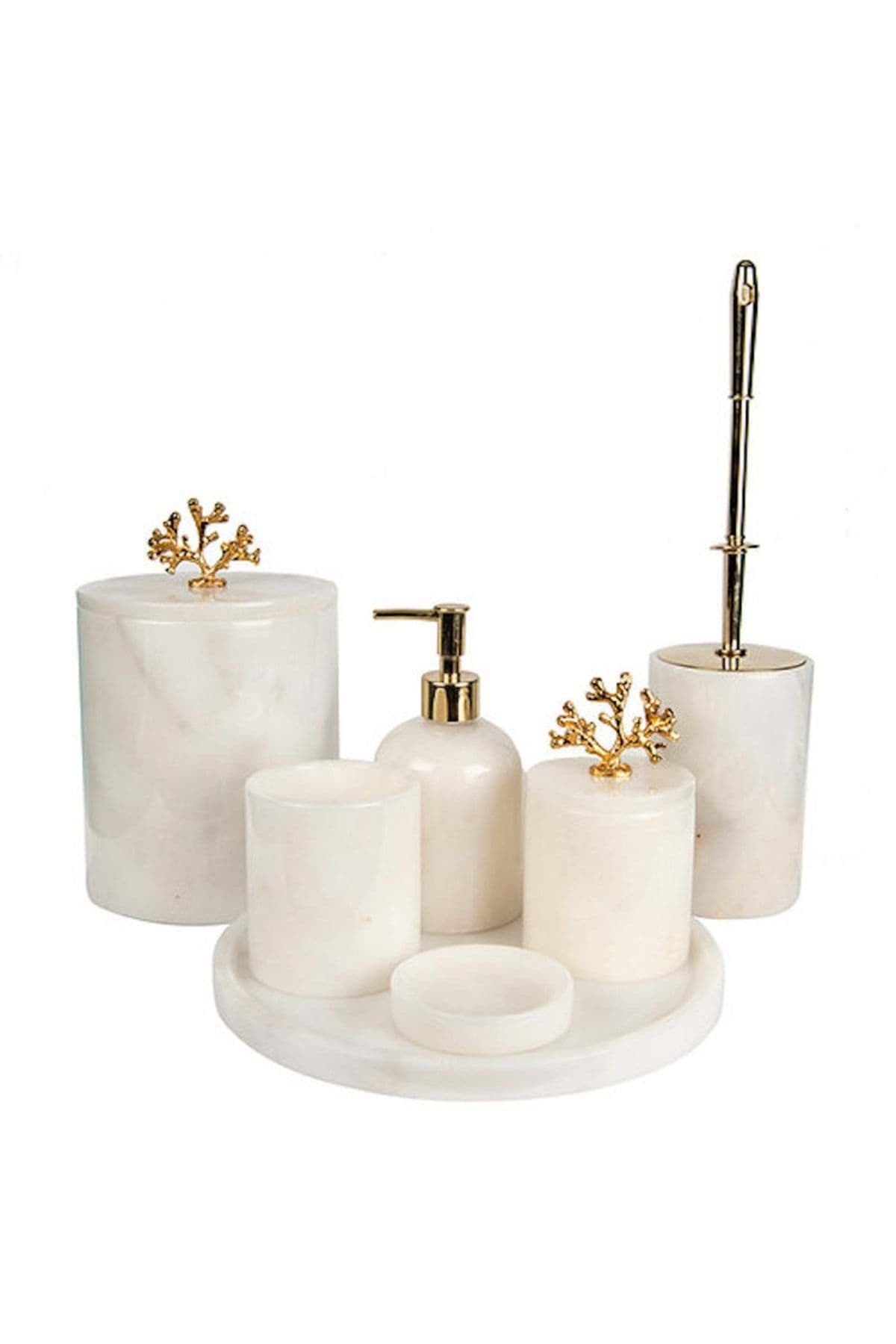 Dekoratif Beyaz Mermer Gold Mercan Detaylı 7 Li Banyo Seti Takımı resmi