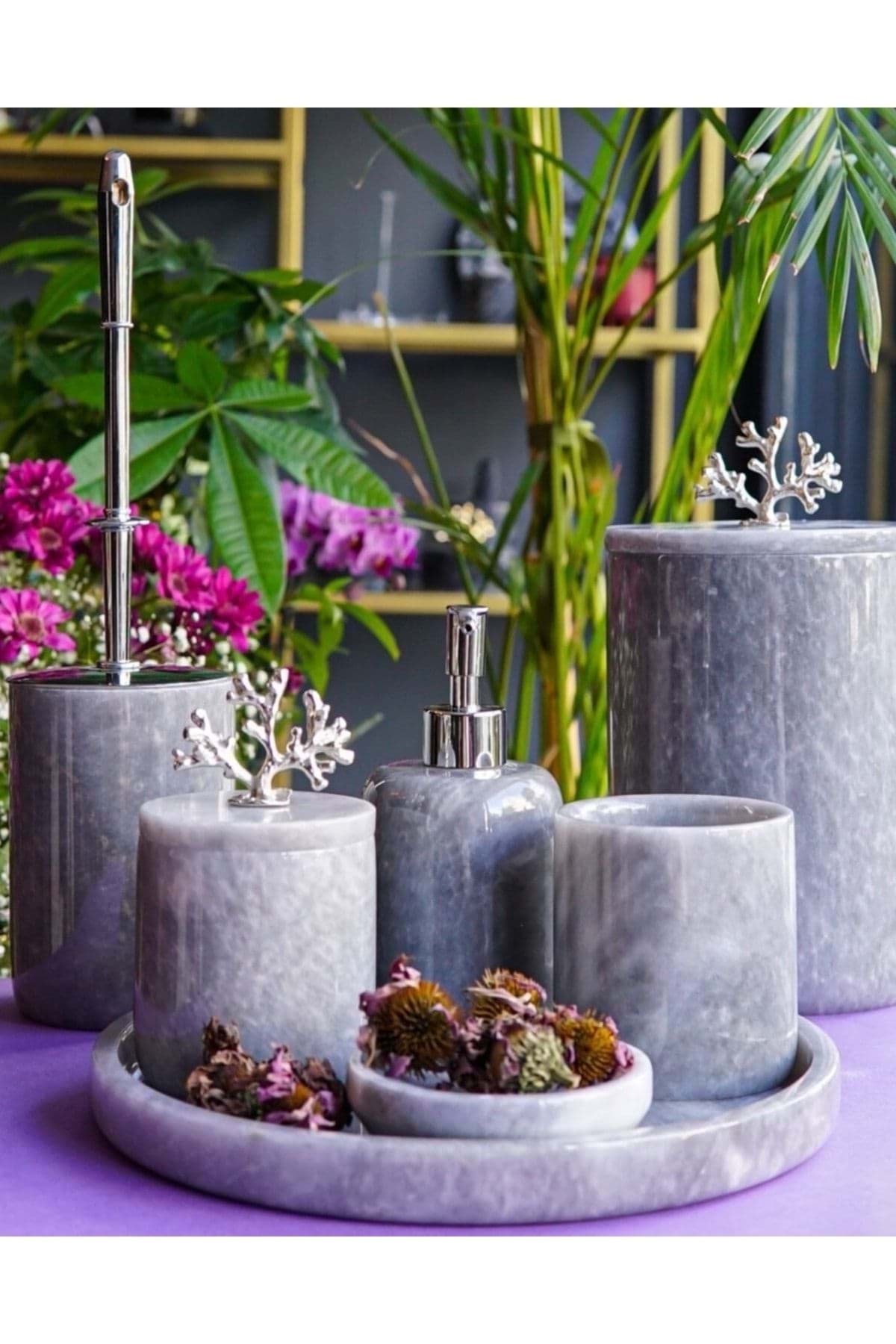 Dekoratif Gri Mermer Gümüş Mercan Detaylı 7 Li Banyo Seti Takımı resmi