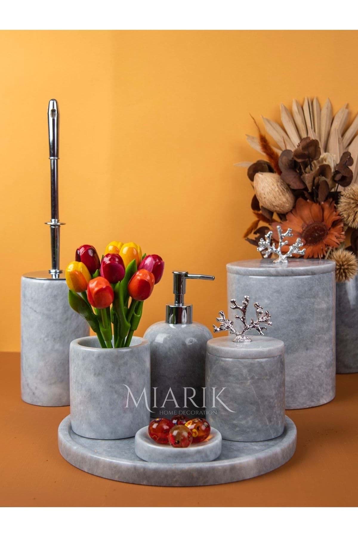 Dekoratif Gri Mermer Gümüş Mercan Detaylı 7 Li Banyo Seti Takımı resmi