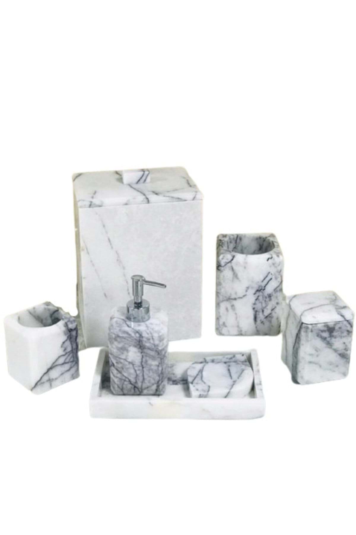 Dekoratif Leylak Beyaz Mermer Düz Kare Gümüş Detaylı 7 Li Banyo Seti Takımı resmi