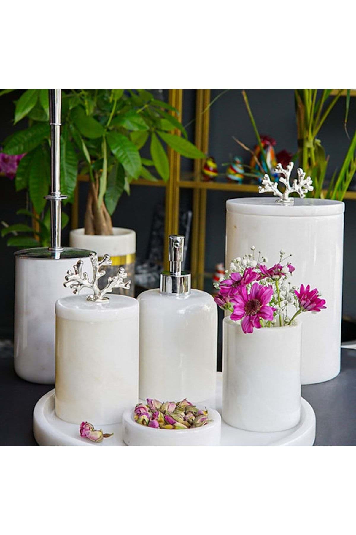 Dekoratif Beyaz Mermer Gümüş Mercan Detaylı 7 Li Banyo Seti Takımı resmi