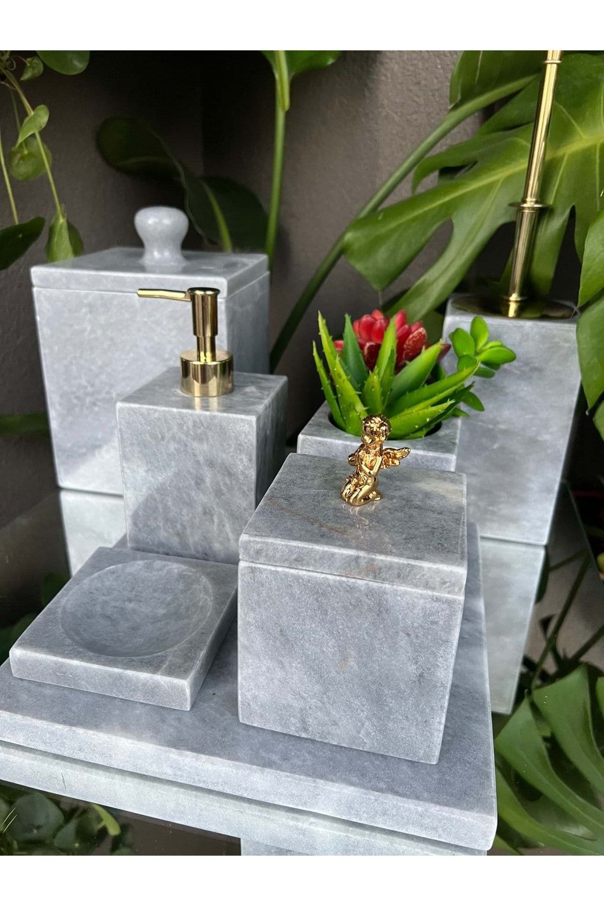 Dekoratif Grı Mermer Gold Melek Detaylı 7 Li Banyo Seti Takımı resmi