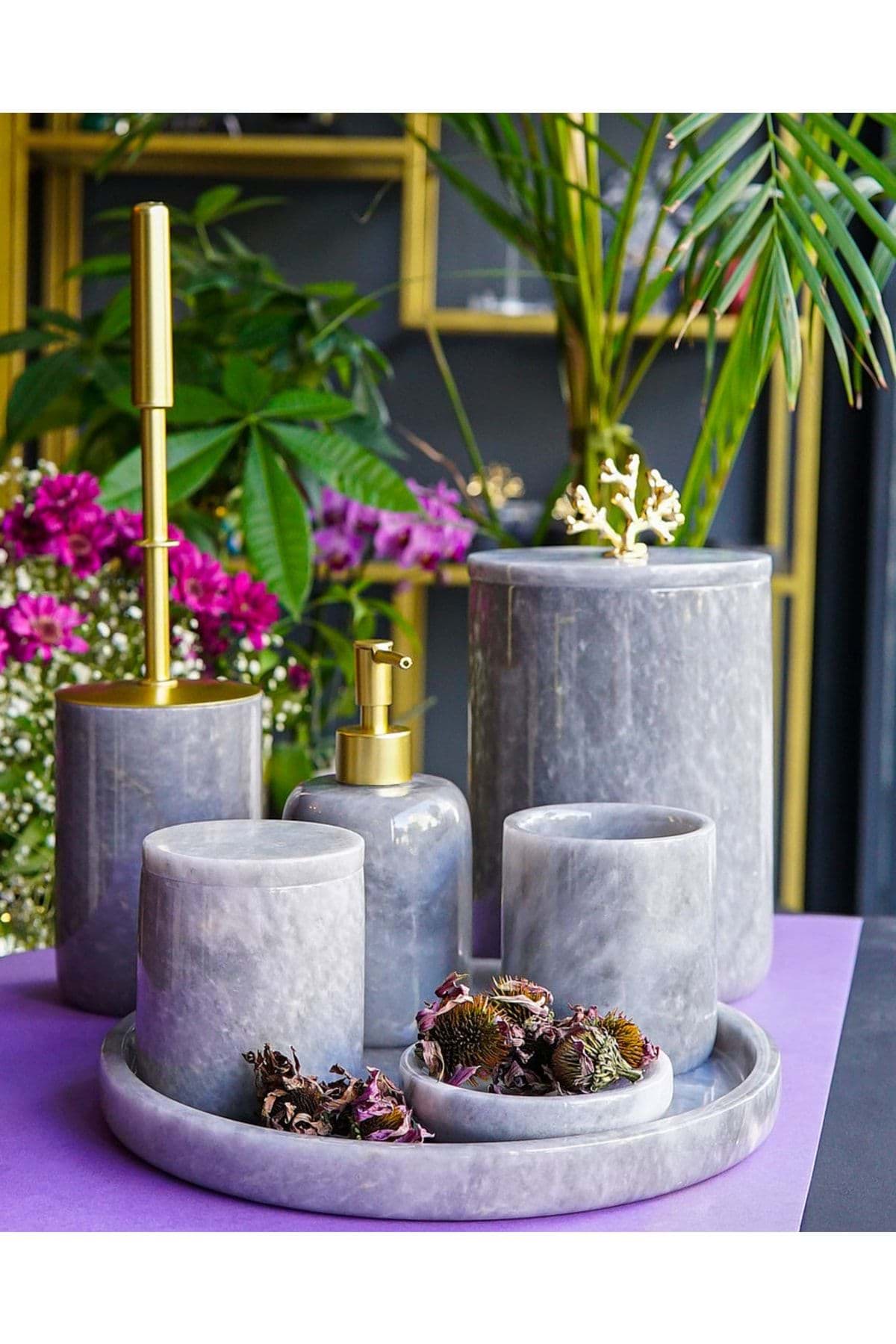 Dekoratif Gri Mermer Gold Mercan Detaylı 7 Li Banyo Seti Takımı resmi