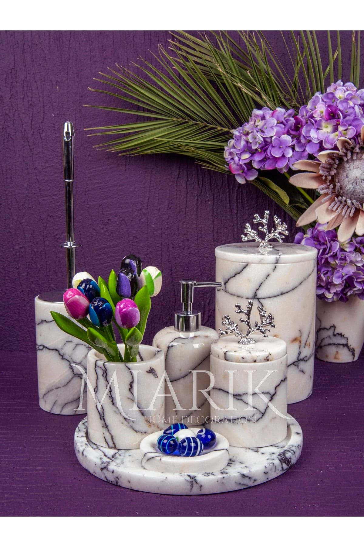 Dekoratif Leylak Beyaz Mermer Gümüş Mercan Detaylı 7 Li Banyo Seti Takımı resmi