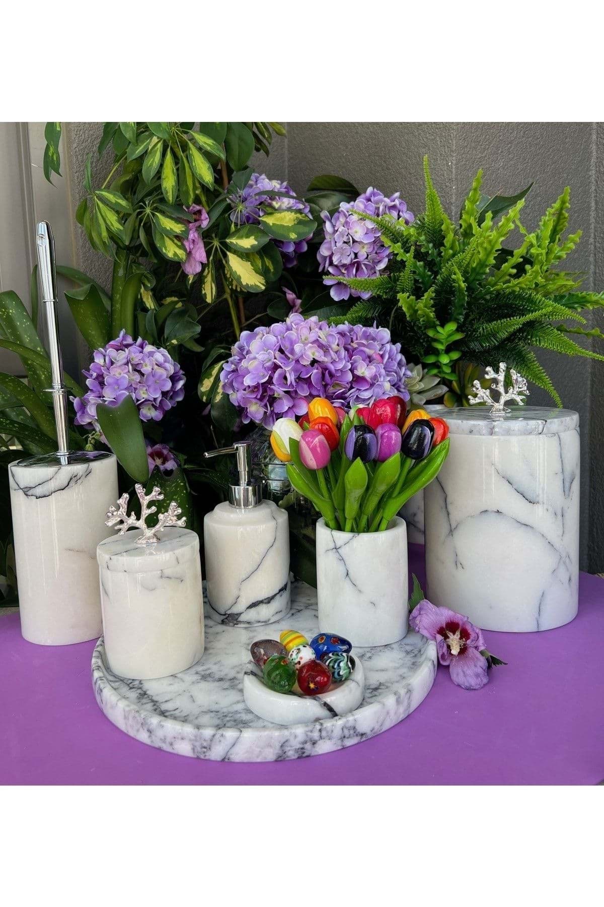 Dekoratif Leylak Beyaz Mermer Gümüş Mercan Detaylı 7 Li Banyo Seti Takımı resmi