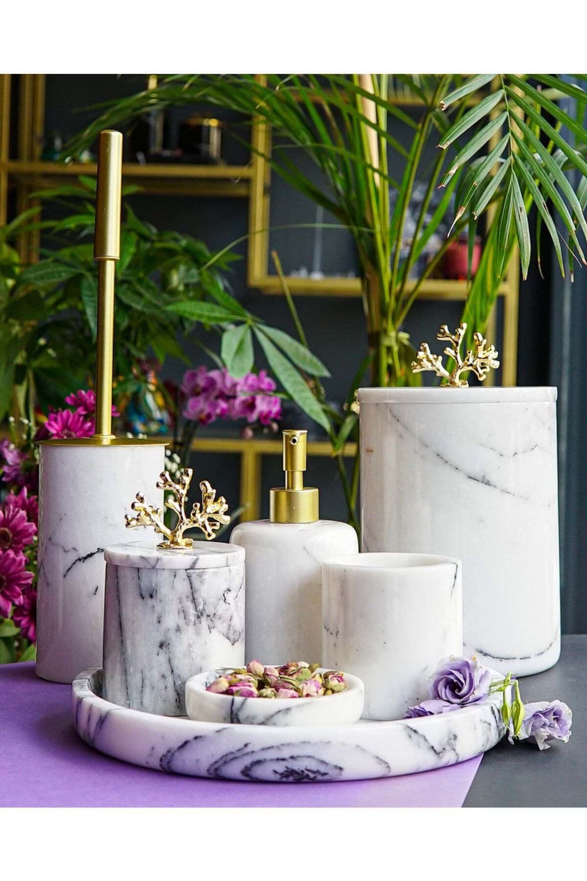 Dekoratif Leylak Beyaz Mermer Gold Mercan Detaylı 7 Li Banyo Seti Takımı resmi