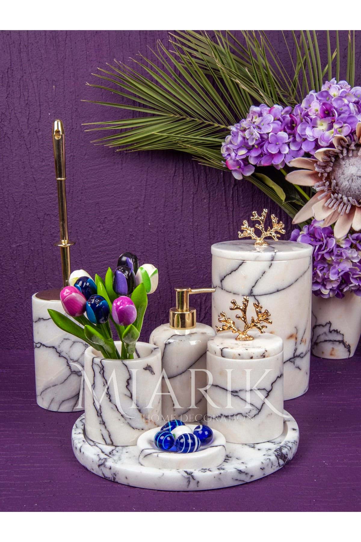 Dekoratif Leylak Beyaz Mermer Gold Mercan Detaylı 7 Li Banyo Seti Takımı resmi