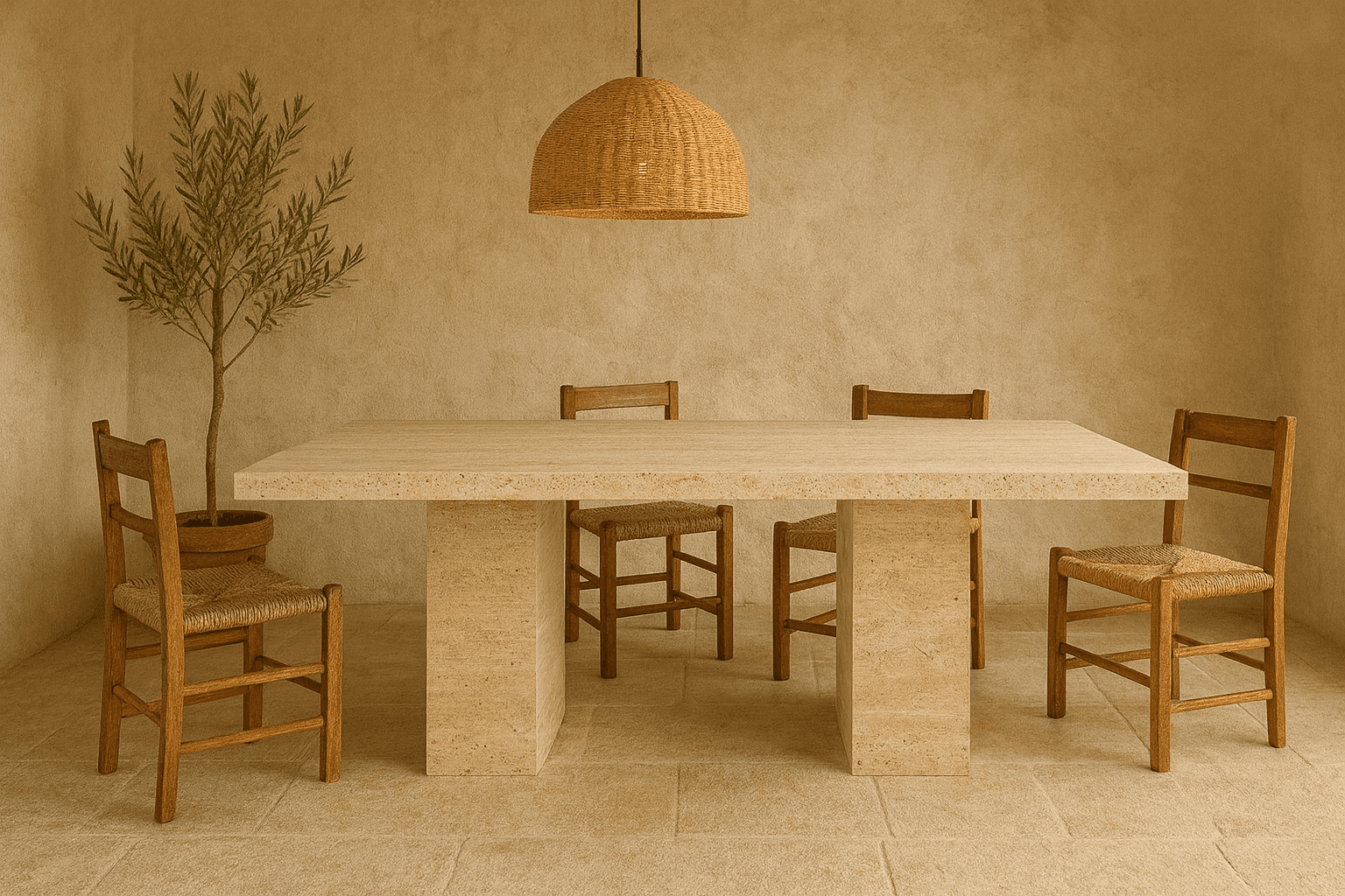 Alseya- Traverten Mermer Küp Ayaklı Yemek Masası resmi