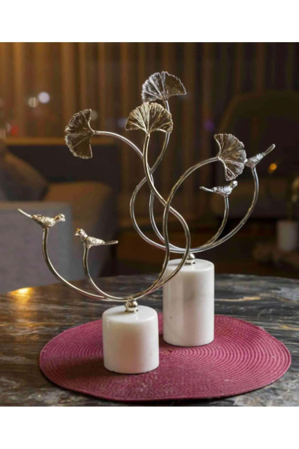 Dekoratif Beyaz Mermer Kaideli Ikili Ginko Kuş Detaylı Dekor resmi