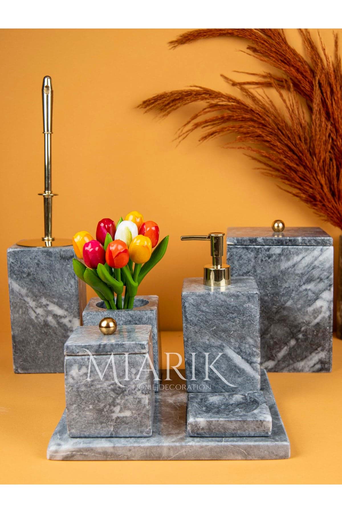 Dekoratif Mermer Aksesuar Detaylı 7 Li Kare Banyo Seti Takımı resmi