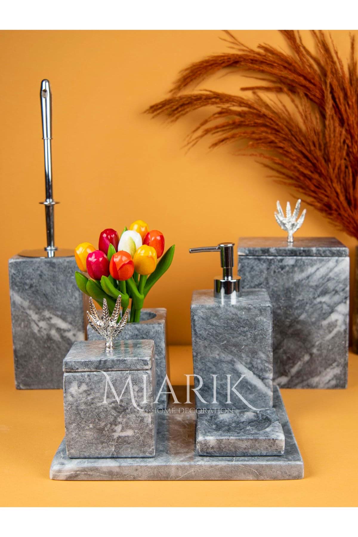 Dekoratif Mermer Aksesuar Detaylı 7 Li Kare Banyo Seti Takımı resmi