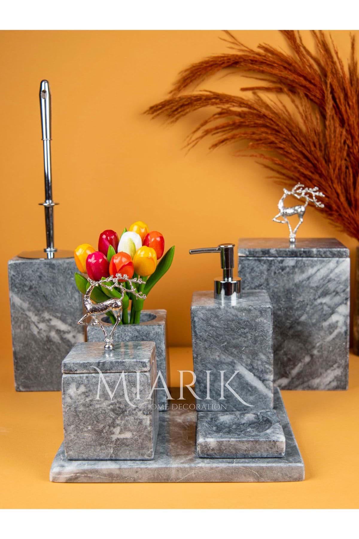 Dekoratif Mermer Aksesuar Detaylı 7 Li Kare Banyo Seti Takımı resmi