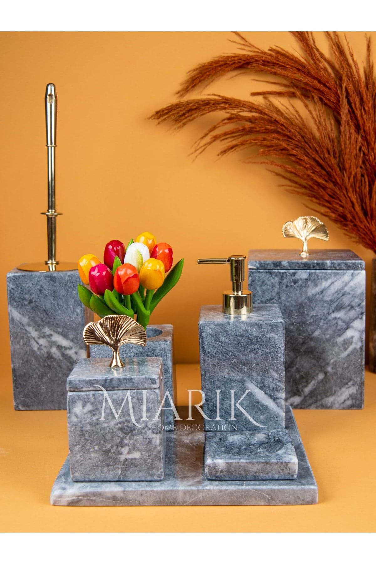 Dekoratif Mermer Aksesuar Detaylı 7 Li Kare Banyo Seti Takımı resmi