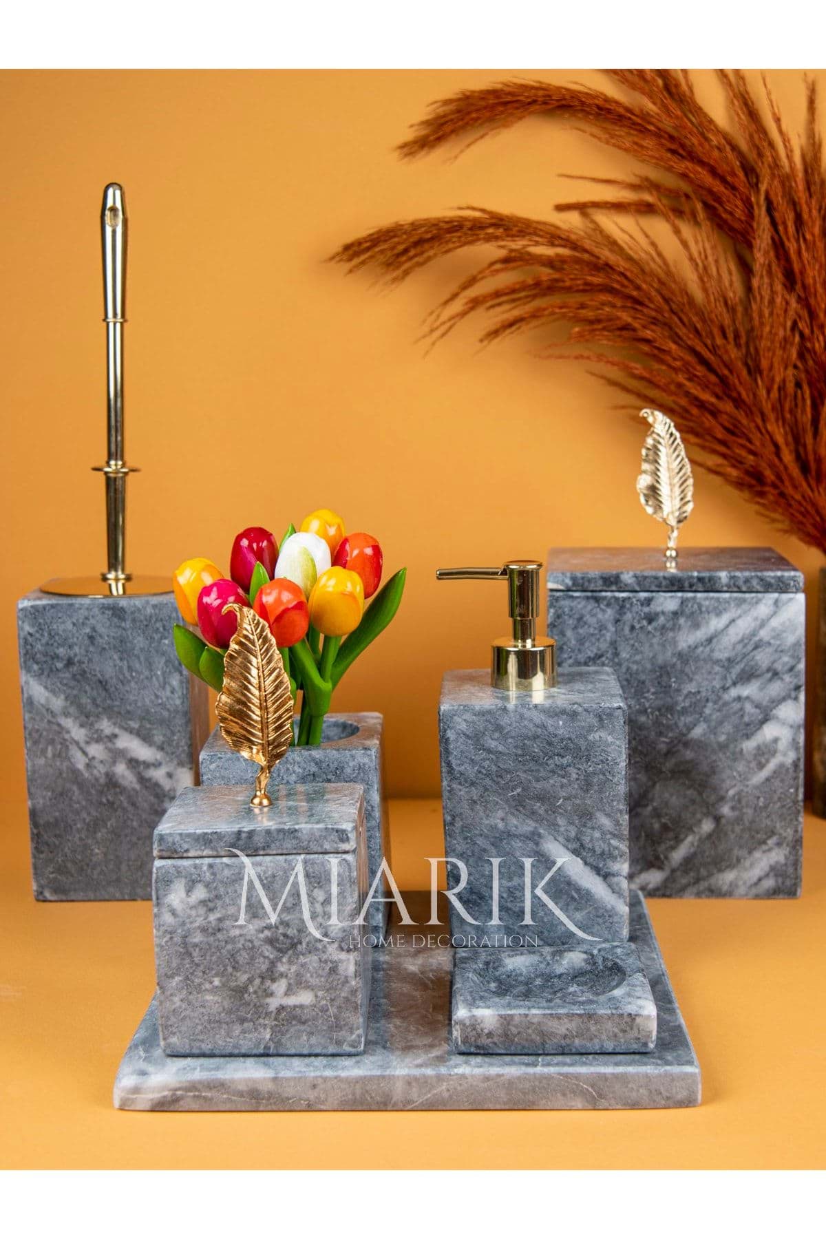 Dekoratif Mermer Aksesuar Detaylı 7 Li Kare Banyo Seti Takımı resmi