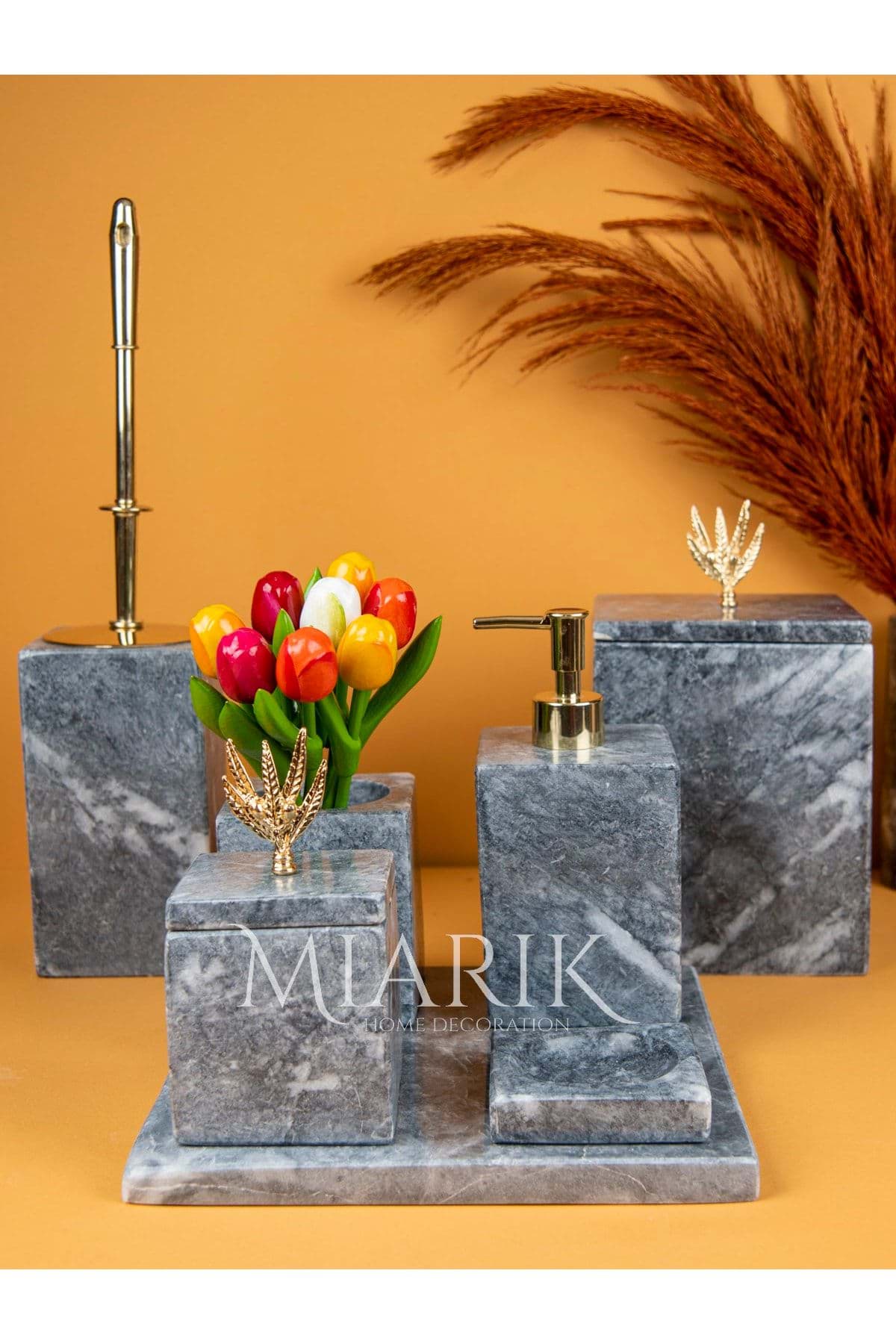 Dekoratif Mermer Aksesuar Detaylı 7 Li Kare Banyo Seti Takımı resmi