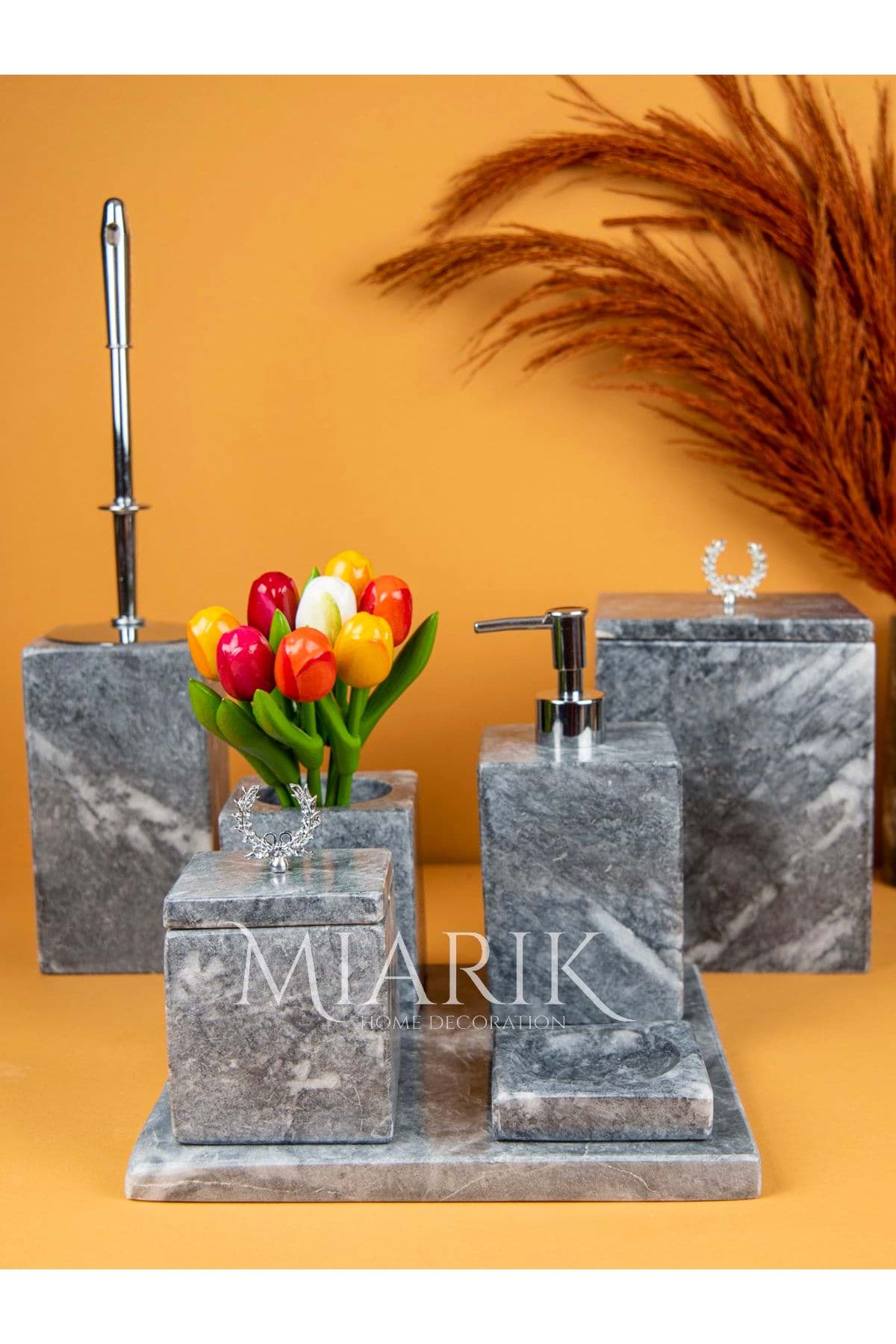 Dekoratif Mermer Aksesuar Detaylı 7 Li Kare Banyo Seti Takımı resmi