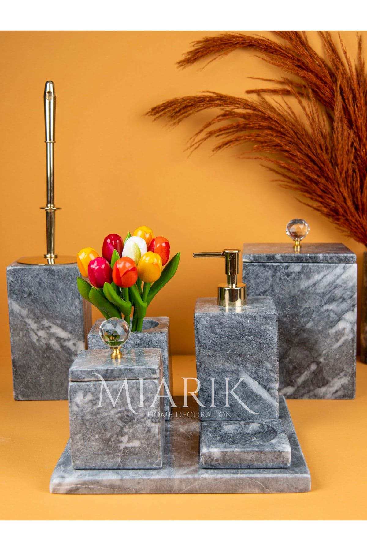 Dekoratif Mermer Aksesuar Detaylı 7 Li Kare Banyo Seti Takımı resmi