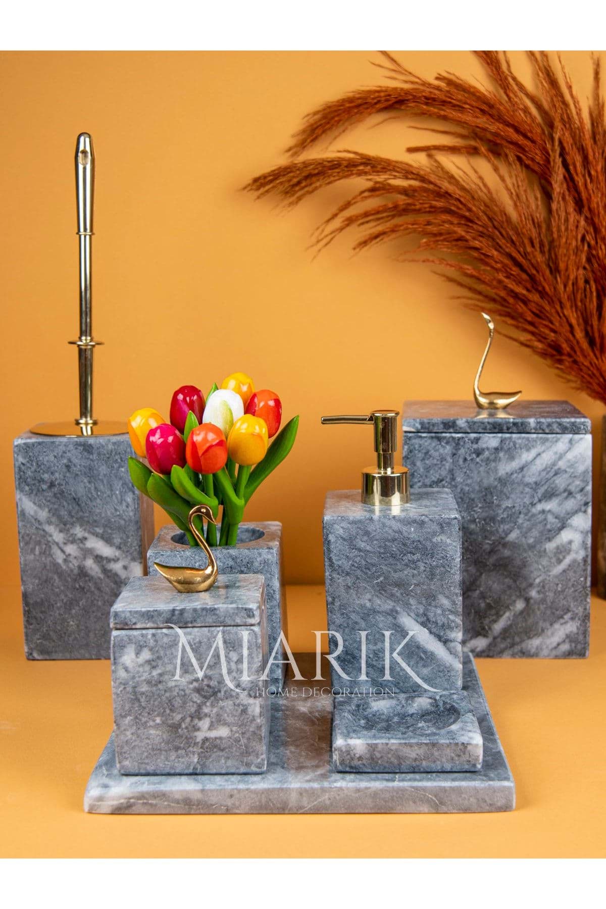 Dekoratif Mermer Aksesuar Detaylı 7 Li Kare Banyo Seti Takımı resmi